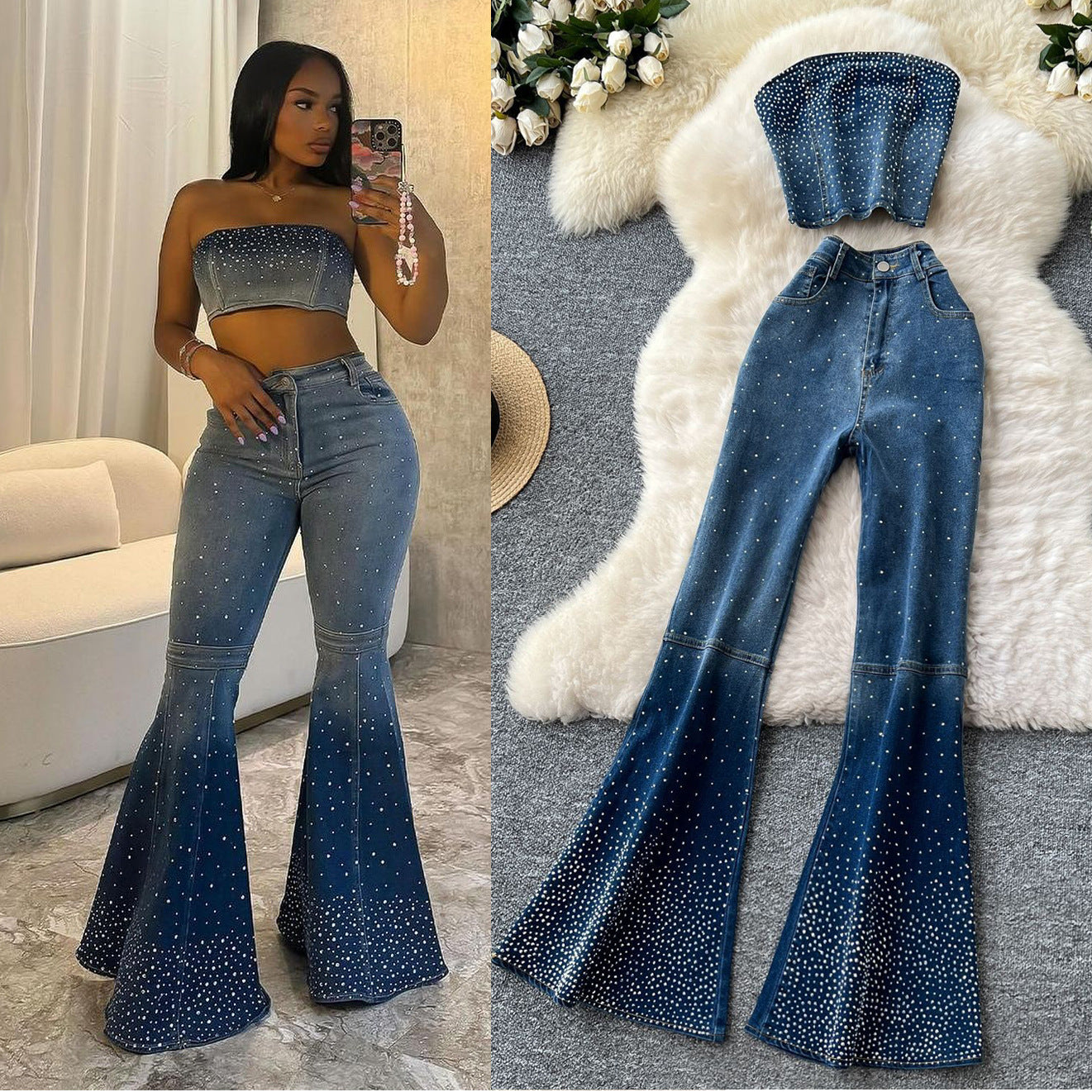 Women's Denim Sleeveless Top and Flared Pants Set