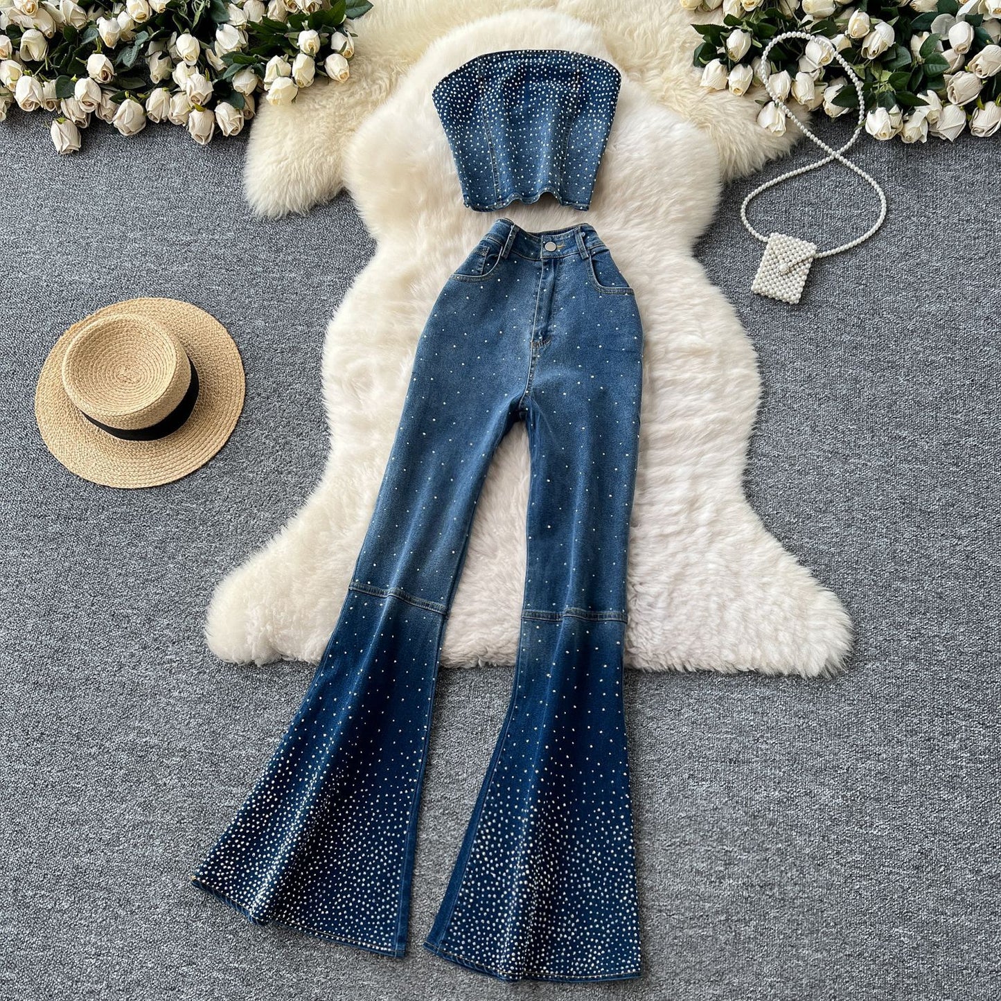 Women's Denim Sleeveless Top and Flared Pants Set