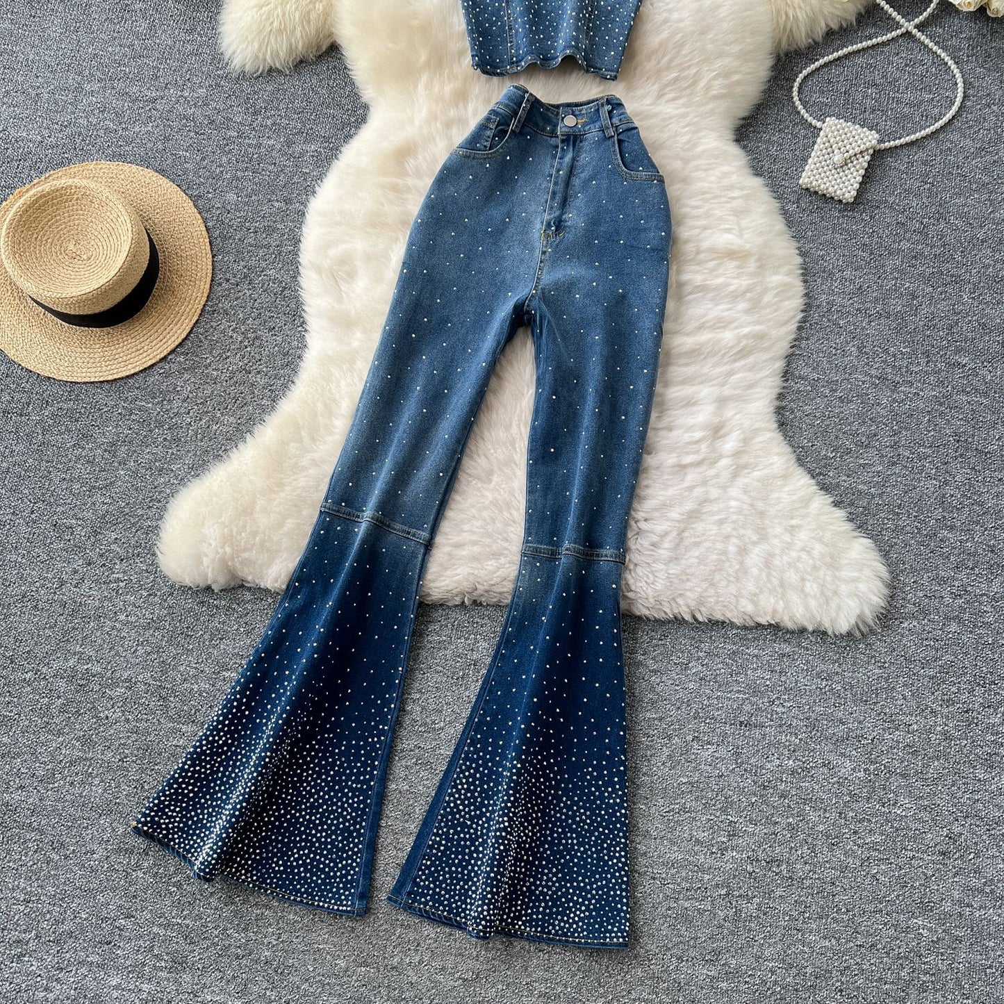 Women's Denim Sleeveless Top and Flared Pants Set