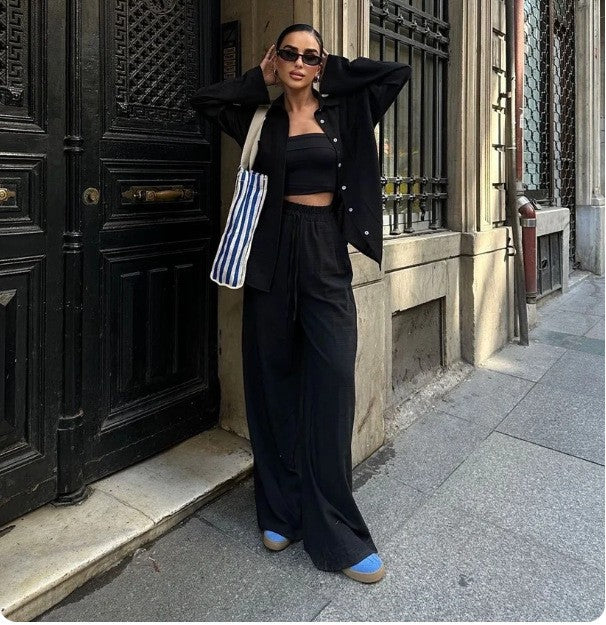Casual cotton and linen plain-color shirt with drawstring wide-leg pants set