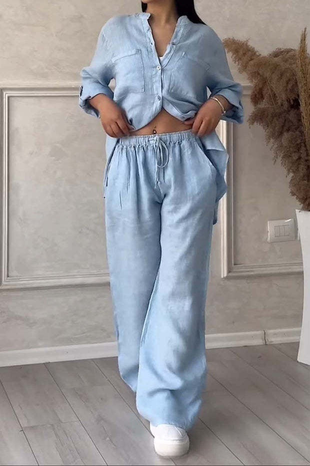 Casual cotton and linen plain-color shirt with drawstring wide-leg pants set