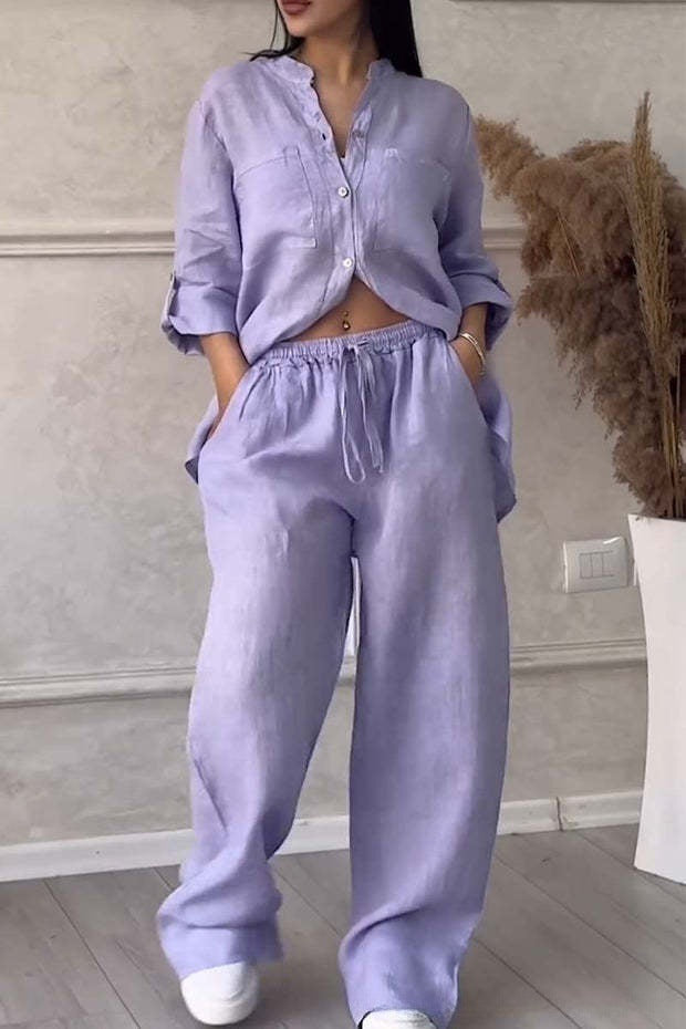 Casual cotton and linen plain-color shirt with drawstring wide-leg pants set
