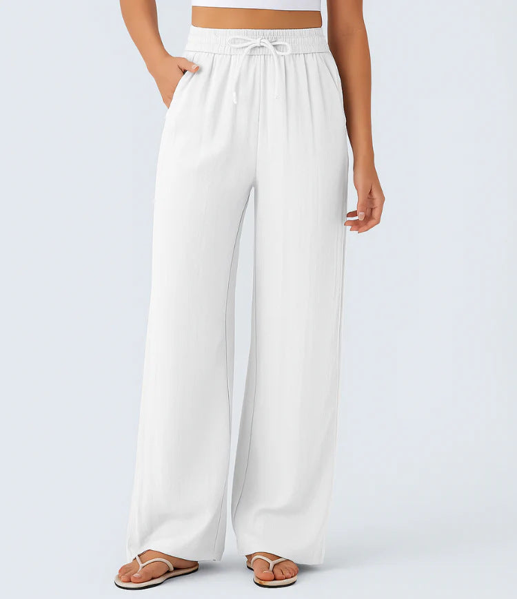 High-waisted drawstring side-pocket wide-leg casual linen pants