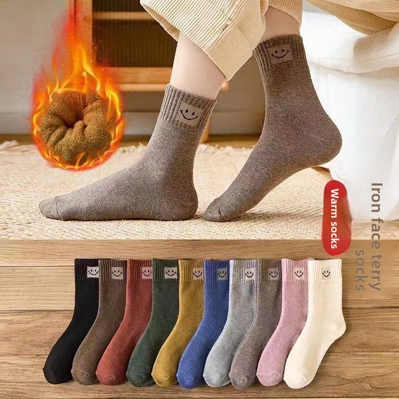 Men's camel-colored fleece socks for autumn and winter