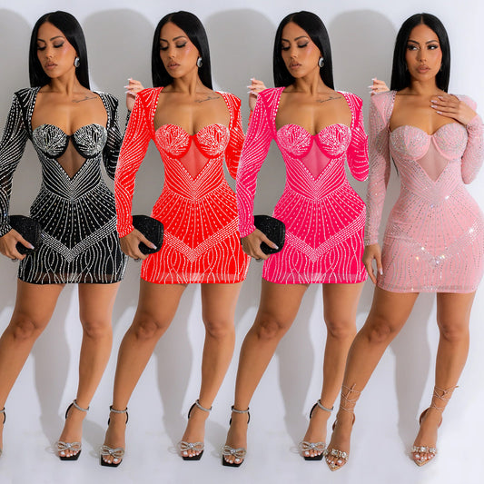 Elegant Women's Mesh Hot Drilled Dress