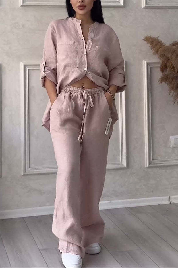 Casual cotton and linen plain-color shirt with drawstring wide-leg pants set