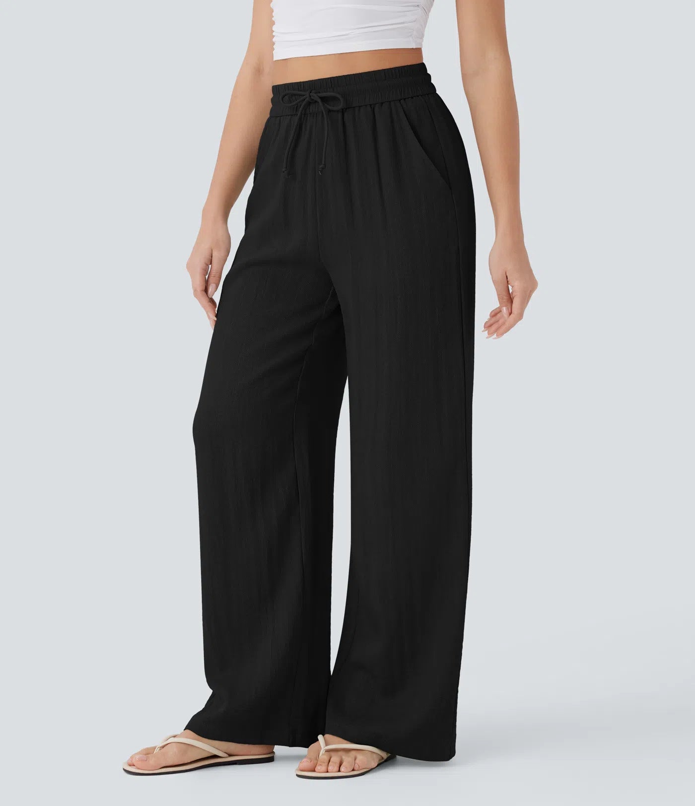 High-waisted drawstring side-pocket wide-leg casual linen pants