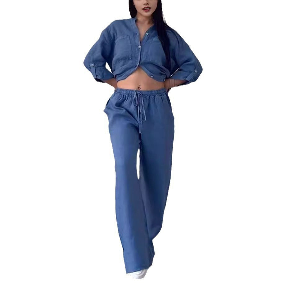 Casual cotton and linen plain-color shirt with drawstring wide-leg pants set