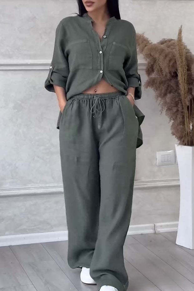 Casual cotton and linen plain-color shirt with drawstring wide-leg pants set