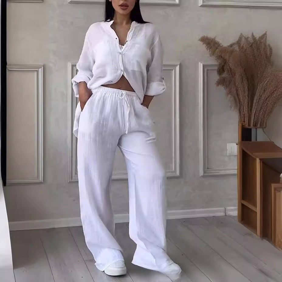 Casual cotton and linen plain-color shirt with drawstring wide-leg pants set