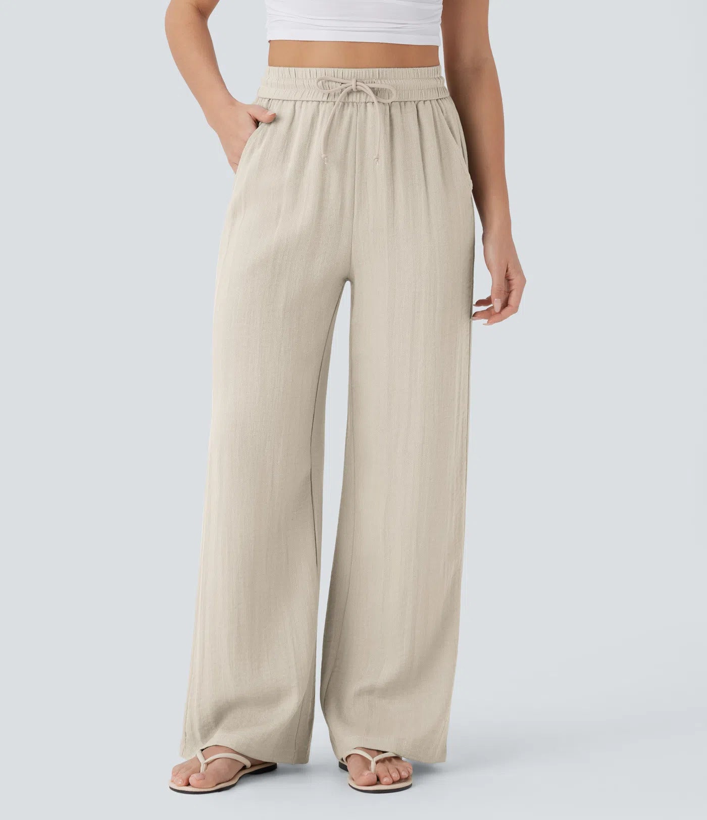 High-waisted drawstring side-pocket wide-leg casual linen pants