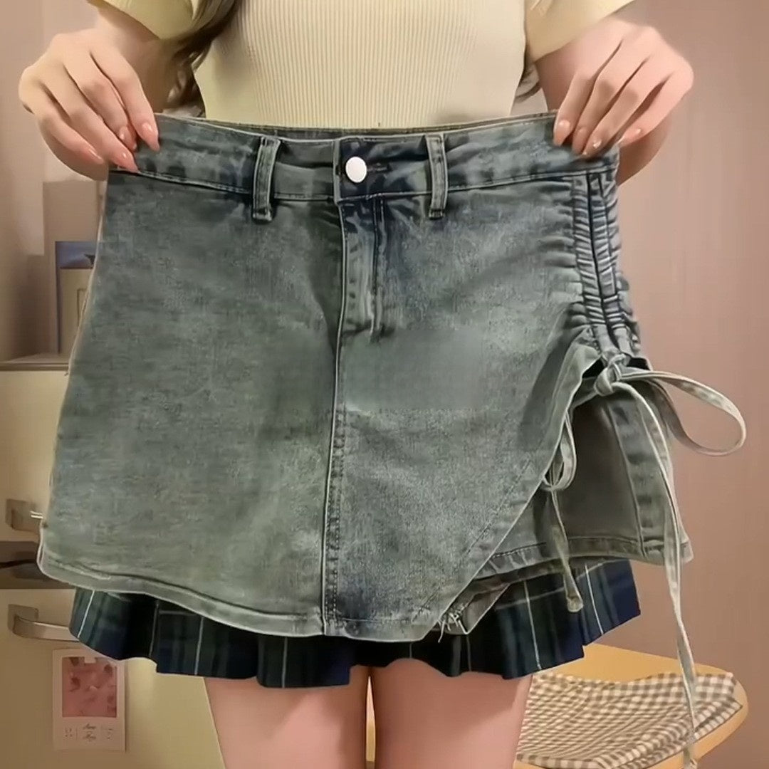 Casual Drawstring Top and Denim Skirt Pants Set