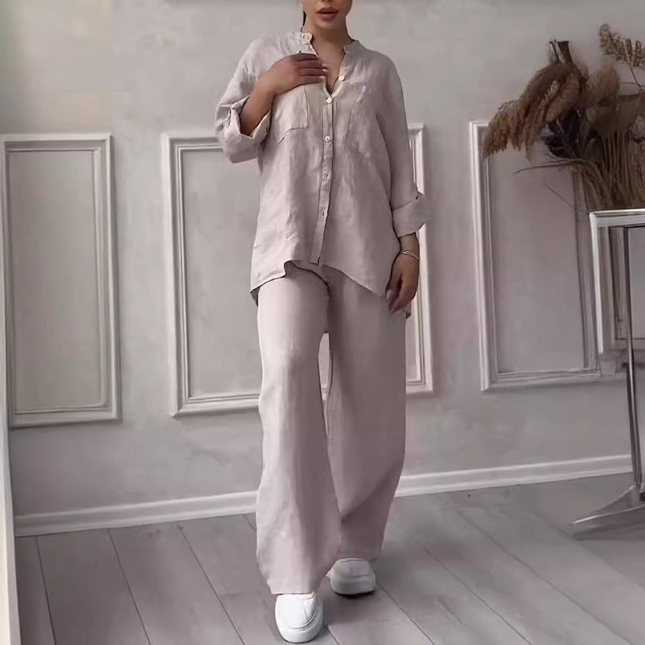 Casual cotton and linen plain-color shirt with drawstring wide-leg pants set