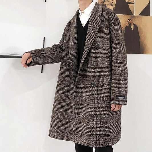 Men's large-sized woolen overcoat in Hong Kong style for autumn and winter