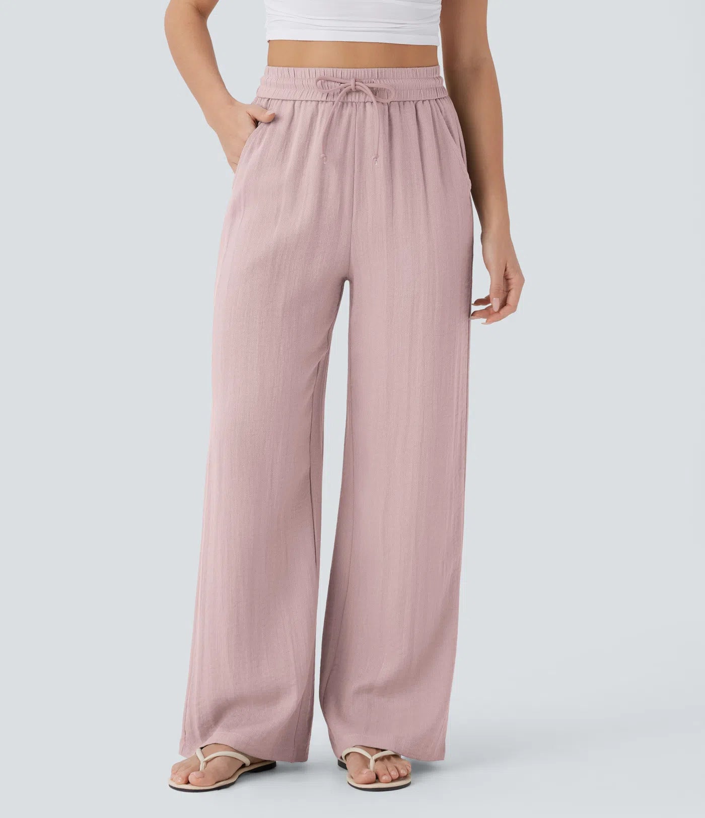 High-waisted drawstring side-pocket wide-leg casual linen pants