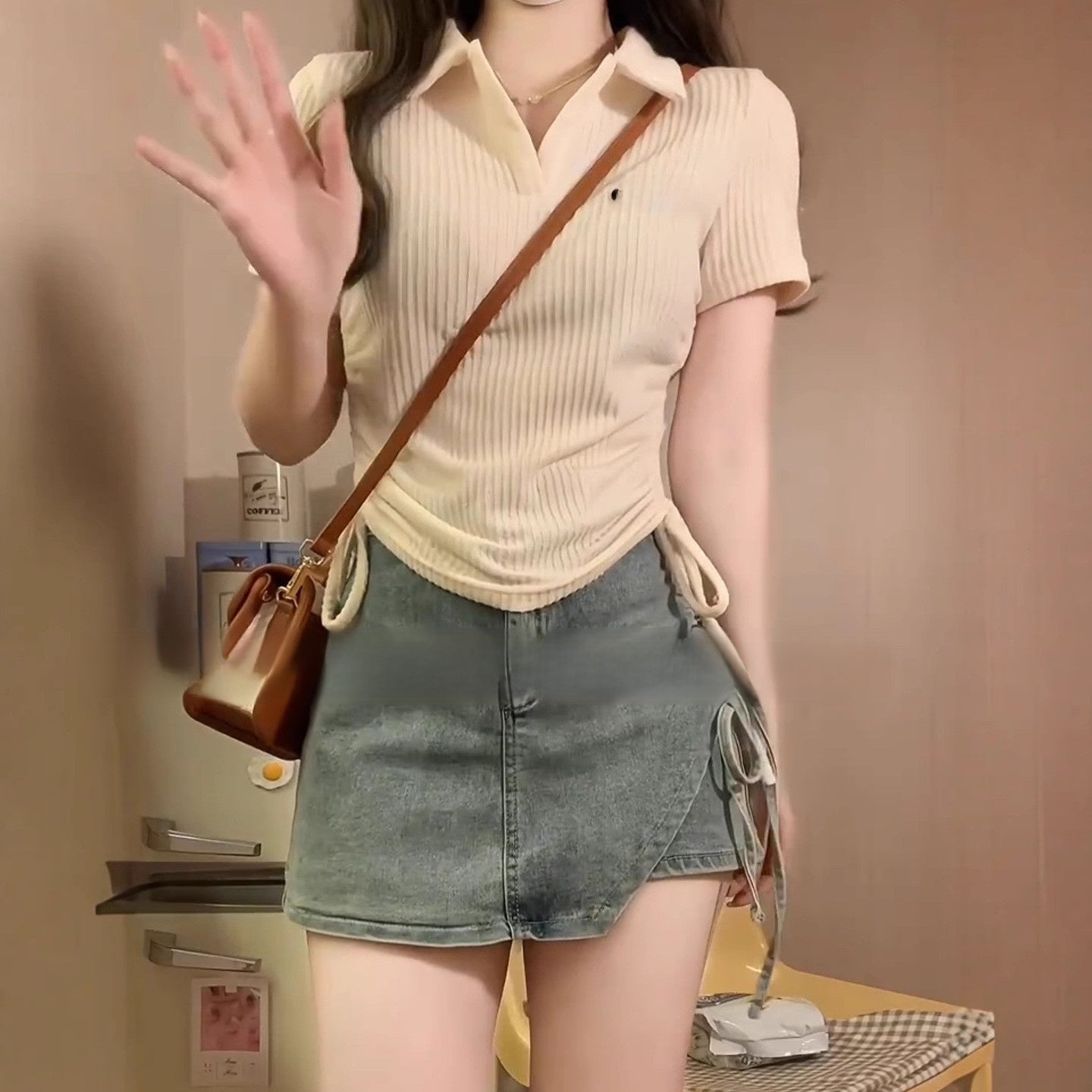 Casual Drawstring Top and Denim Skirt Pants Set
