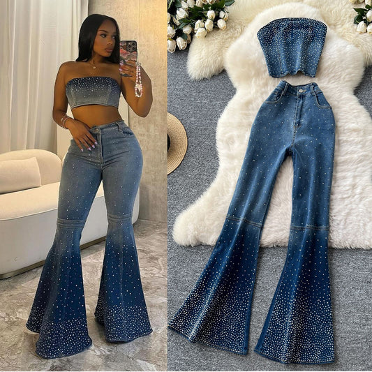 Women's Denim Sleeveless Top and Flared Pants Set