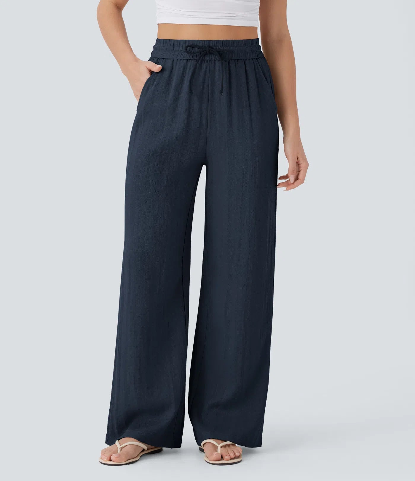 High-waisted drawstring side-pocket wide-leg casual linen pants