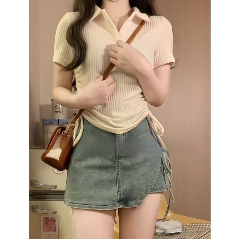 Casual Drawstring Top and Denim Skirt Pants Set