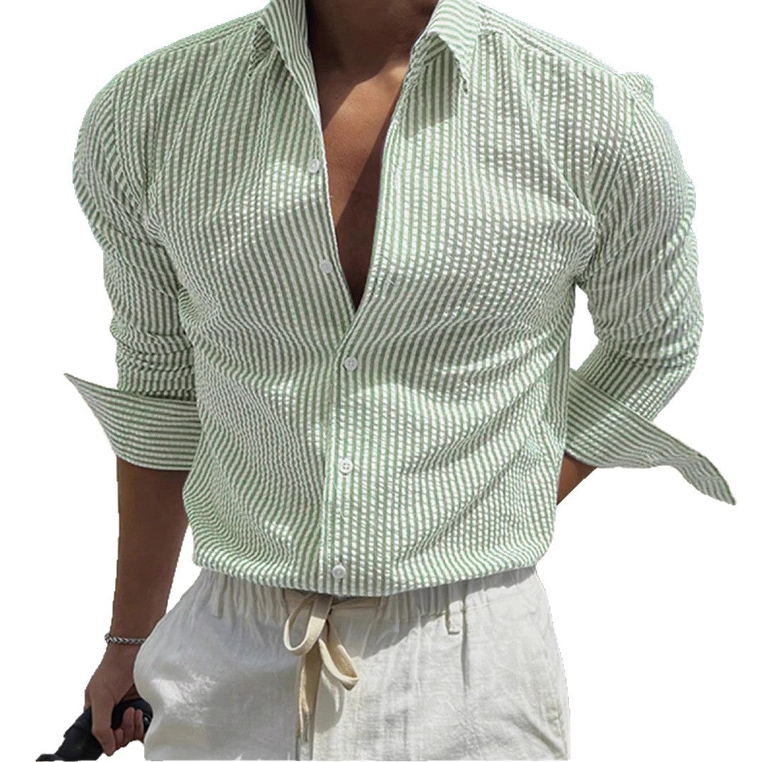 Striped cardigan with a turned-up collar and long sleeves