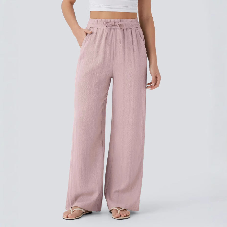 High-waisted drawstring side-pocket wide-leg casual linen pants