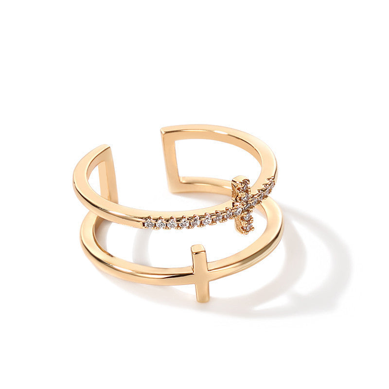 Double cross zircon opening adjustable ring
