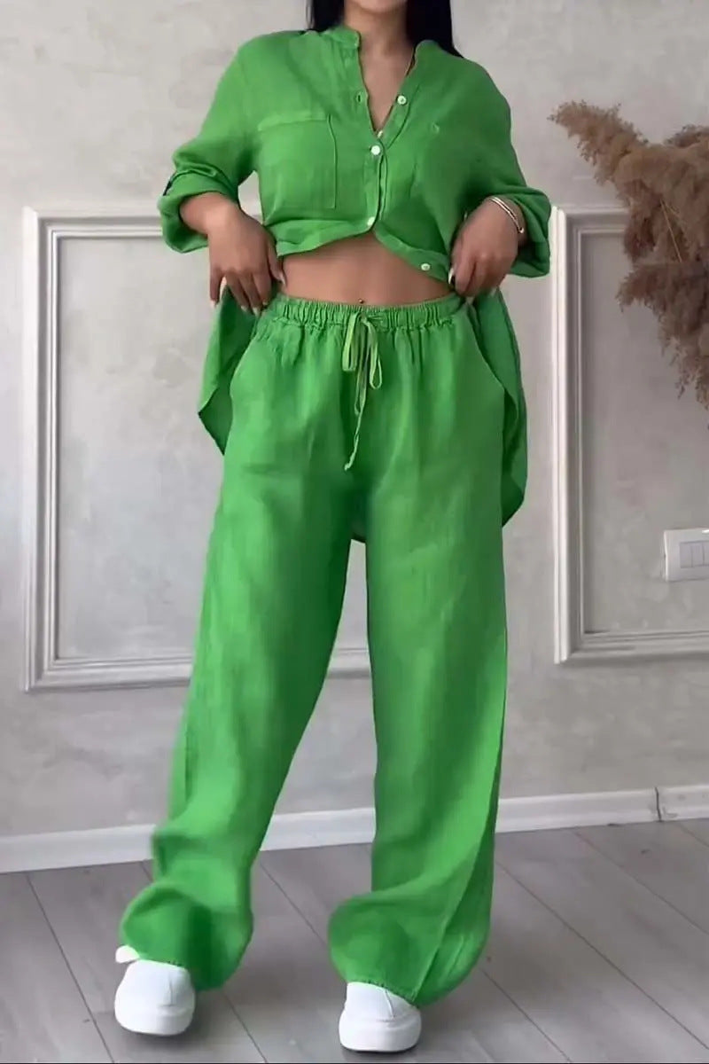 Casual cotton and linen plain-color shirt with drawstring wide-leg pants set