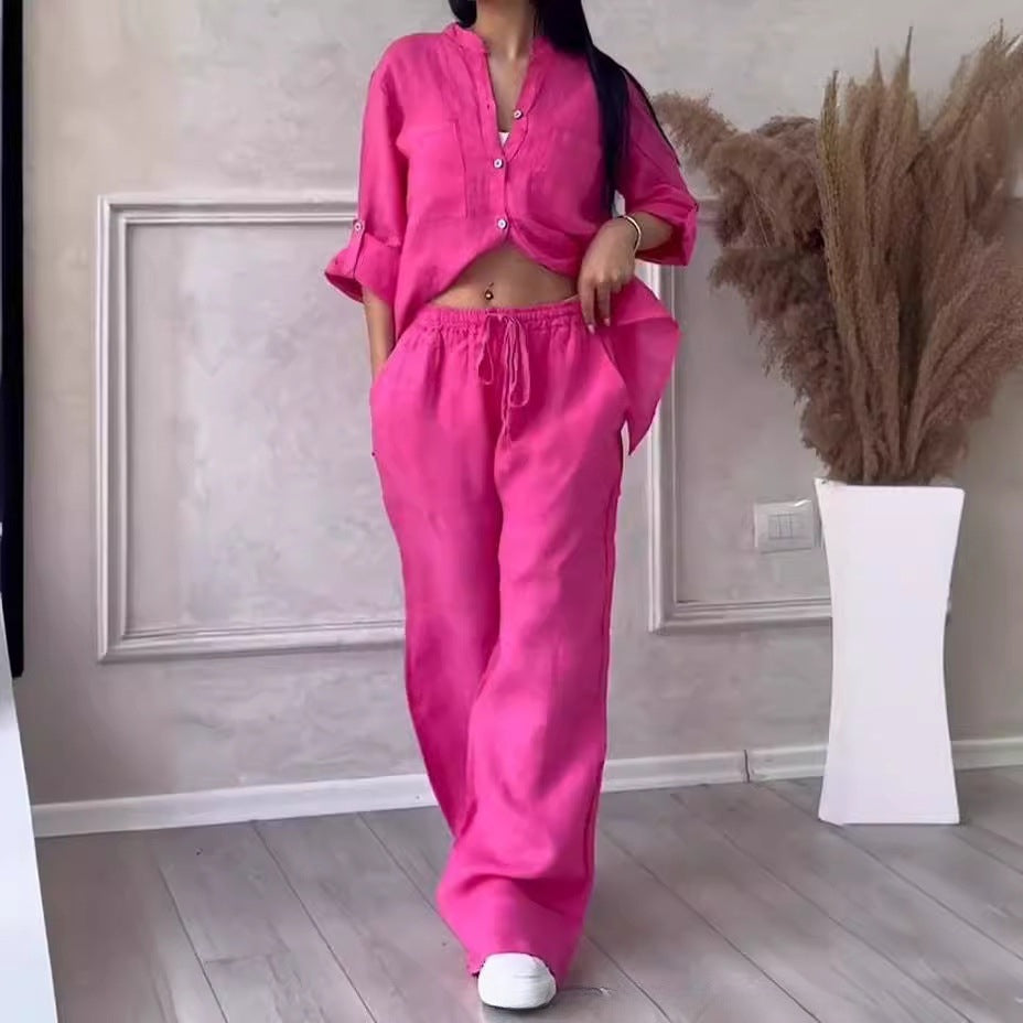 Casual cotton and linen plain-color shirt with drawstring wide-leg pants set