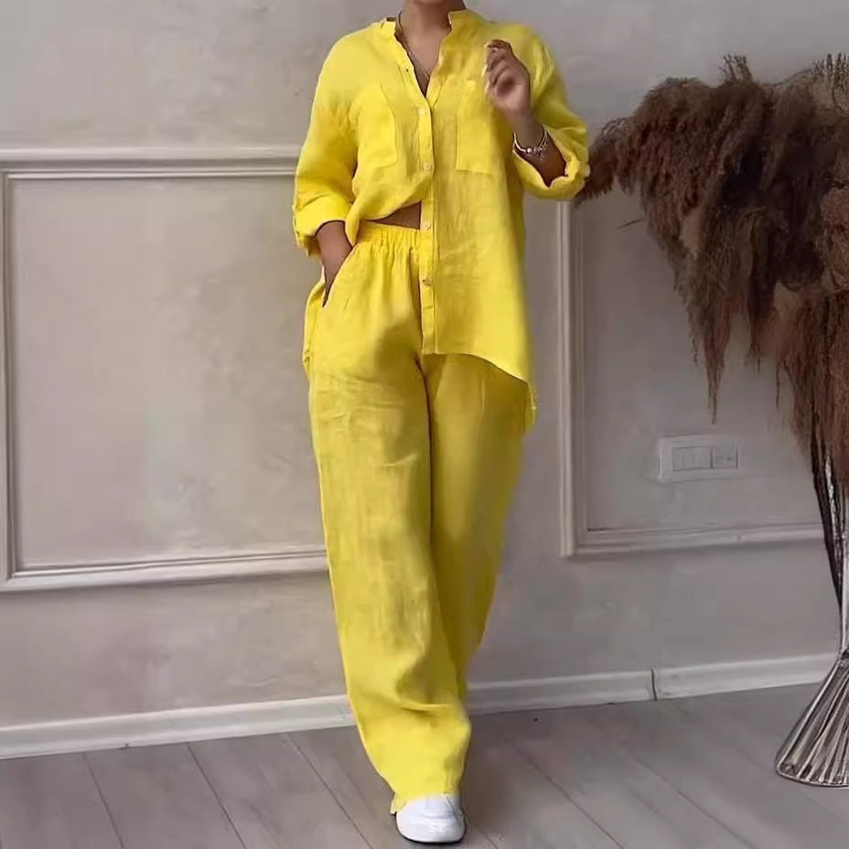 Casual cotton and linen plain-color shirt with drawstring wide-leg pants set