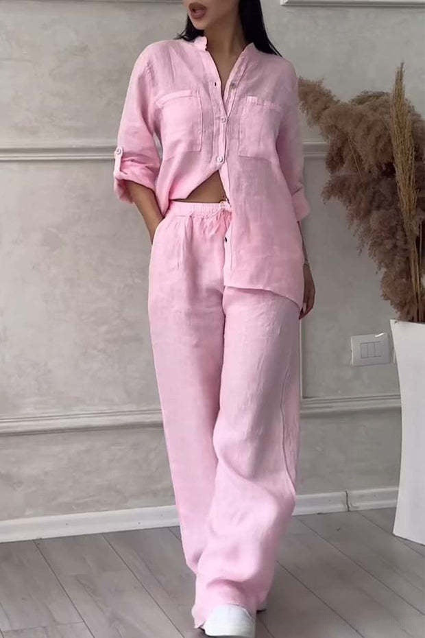 Casual cotton and linen plain-color shirt with drawstring wide-leg pants set