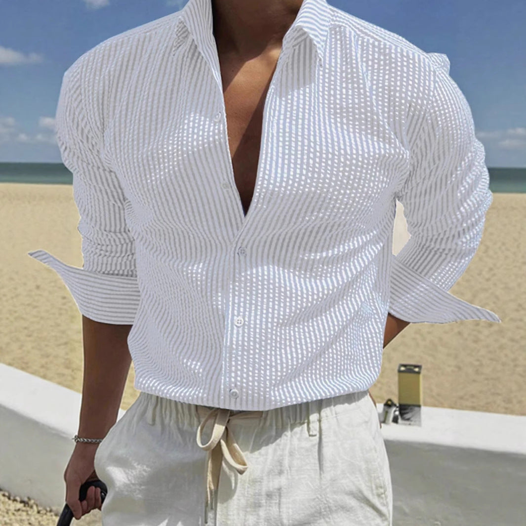 Striped cardigan with a turned-up collar and long sleeves