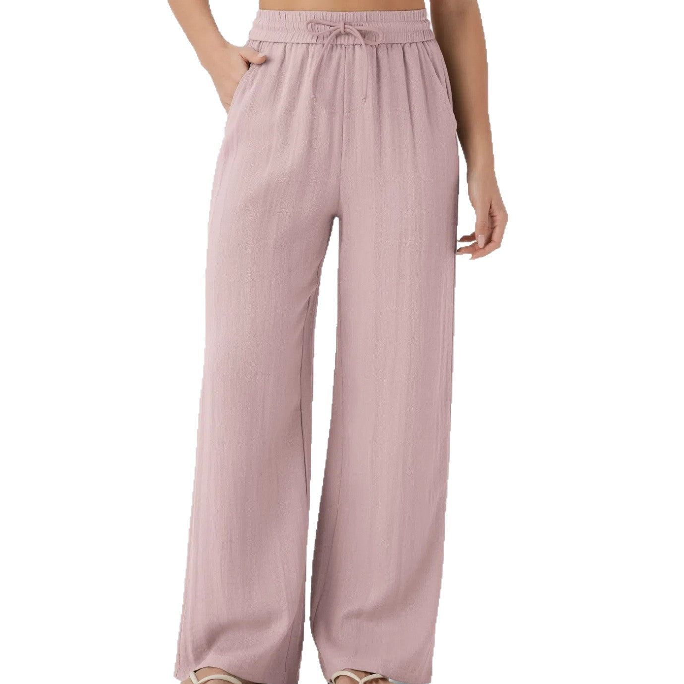 High-waisted drawstring side-pocket wide-leg casual linen pants
