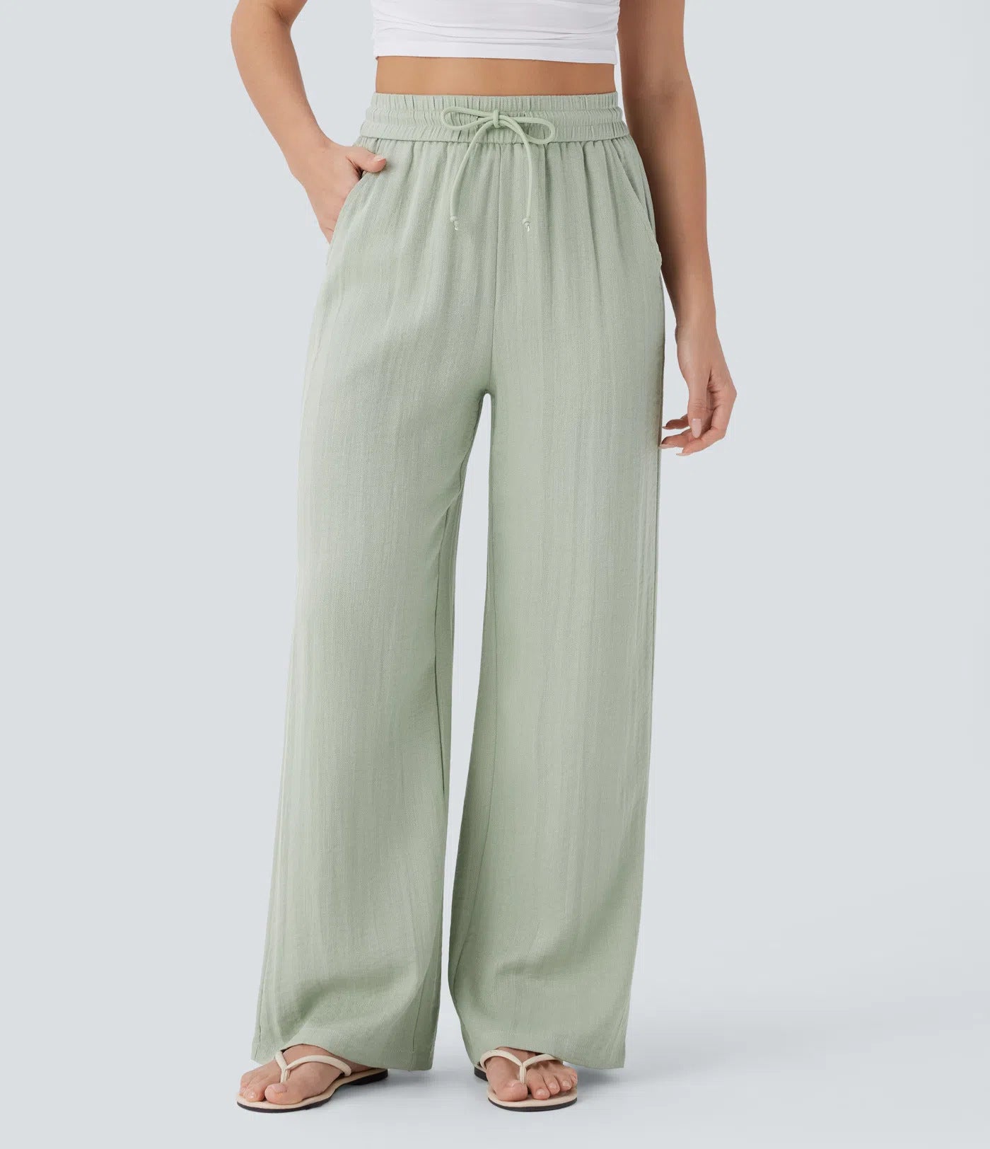 High-waisted drawstring side-pocket wide-leg casual linen pants
