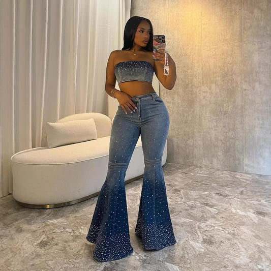Women's Denim Sleeveless Top and Flared Pants Set