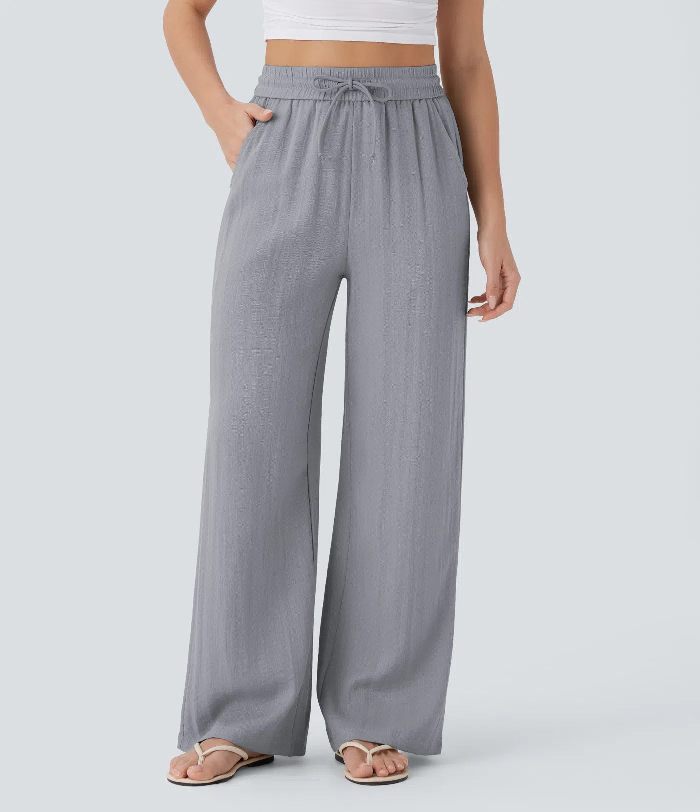 High-waisted drawstring side-pocket wide-leg casual linen pants