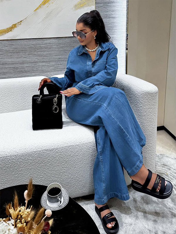 Women's Casual Denim Suit with Long-Sleeve Top and Straight-Leg Pants