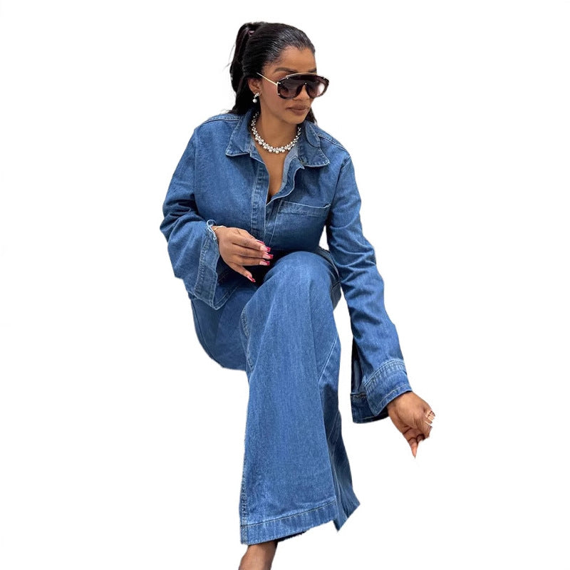 Women's Casual Denim Suit with Long-Sleeve Top and Straight-Leg Pants