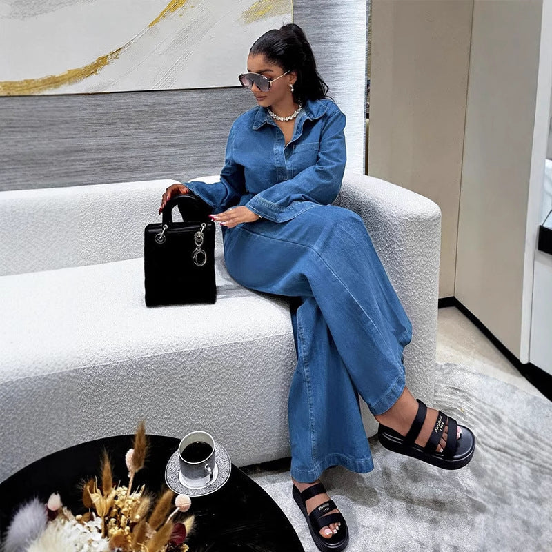 Women's Casual Denim Suit with Long-Sleeve Top and Straight-Leg Pants