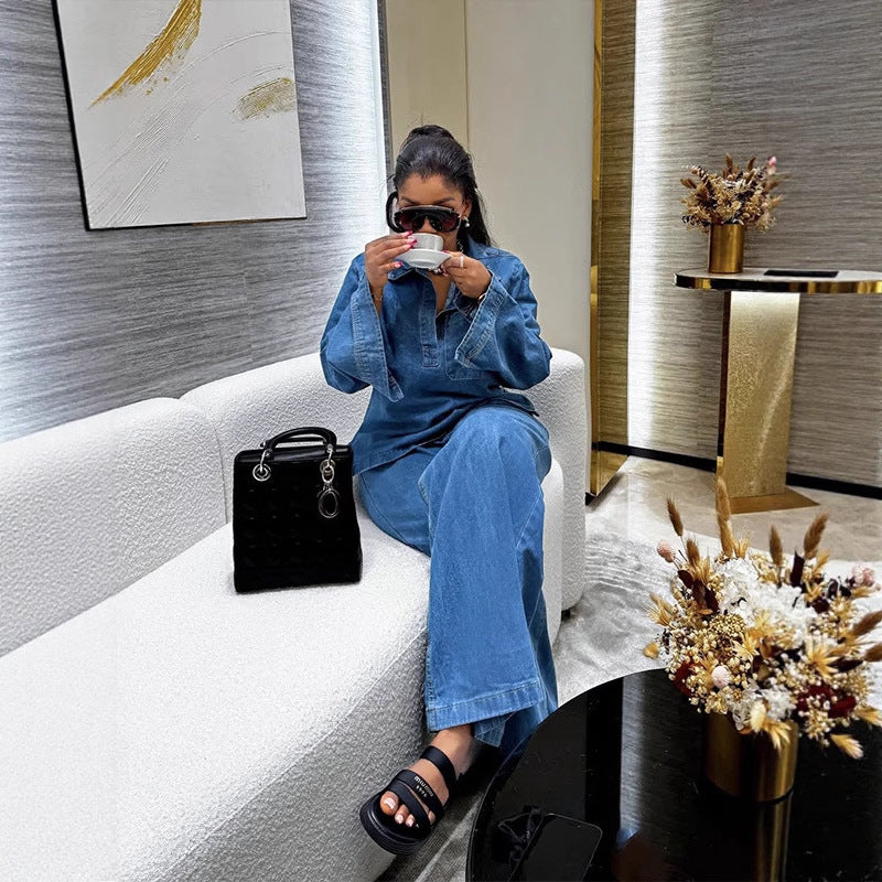Women's Casual Denim Suit with Long-Sleeve Top and Straight-Leg Pants