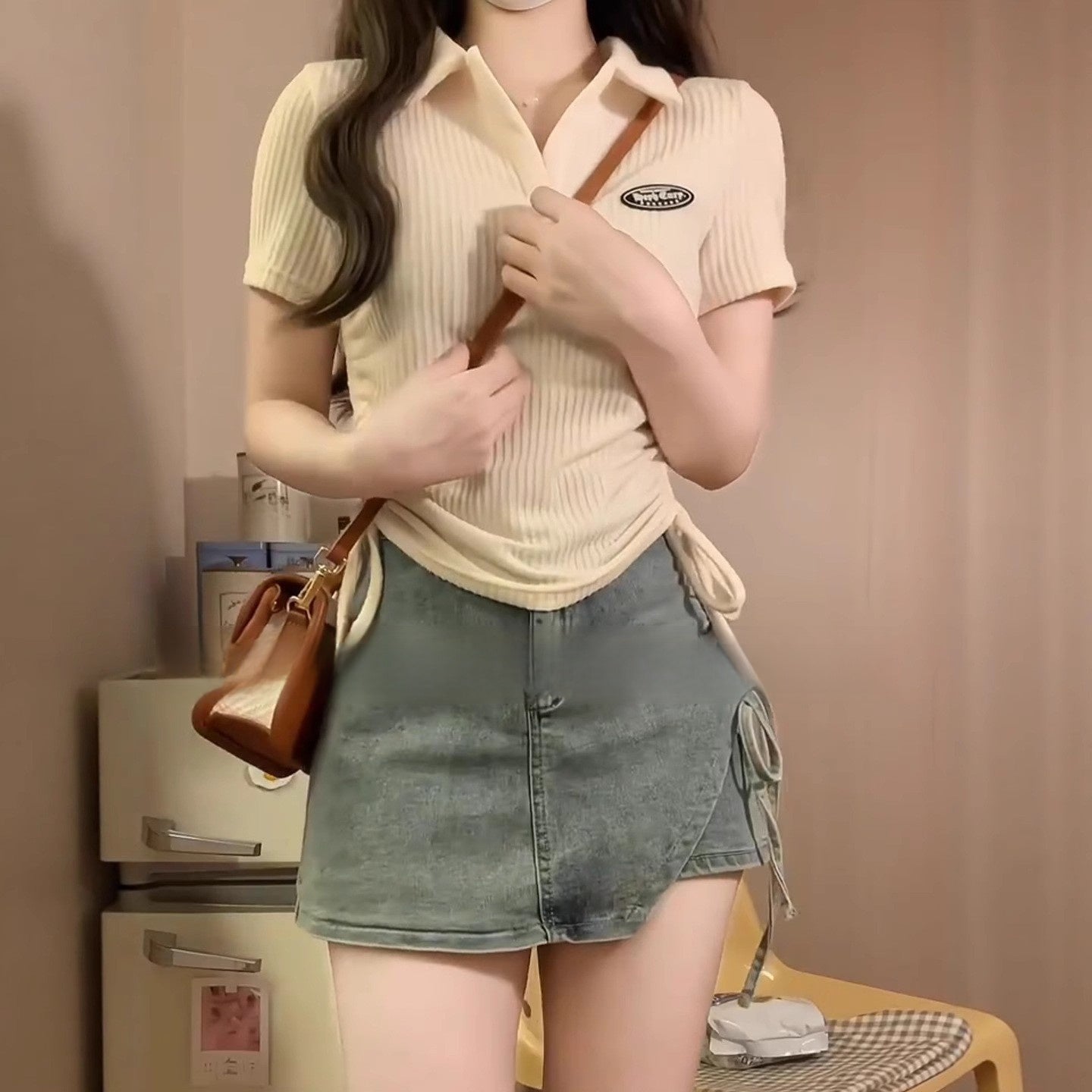 Casual Drawstring Top and Denim Skirt Pants Set