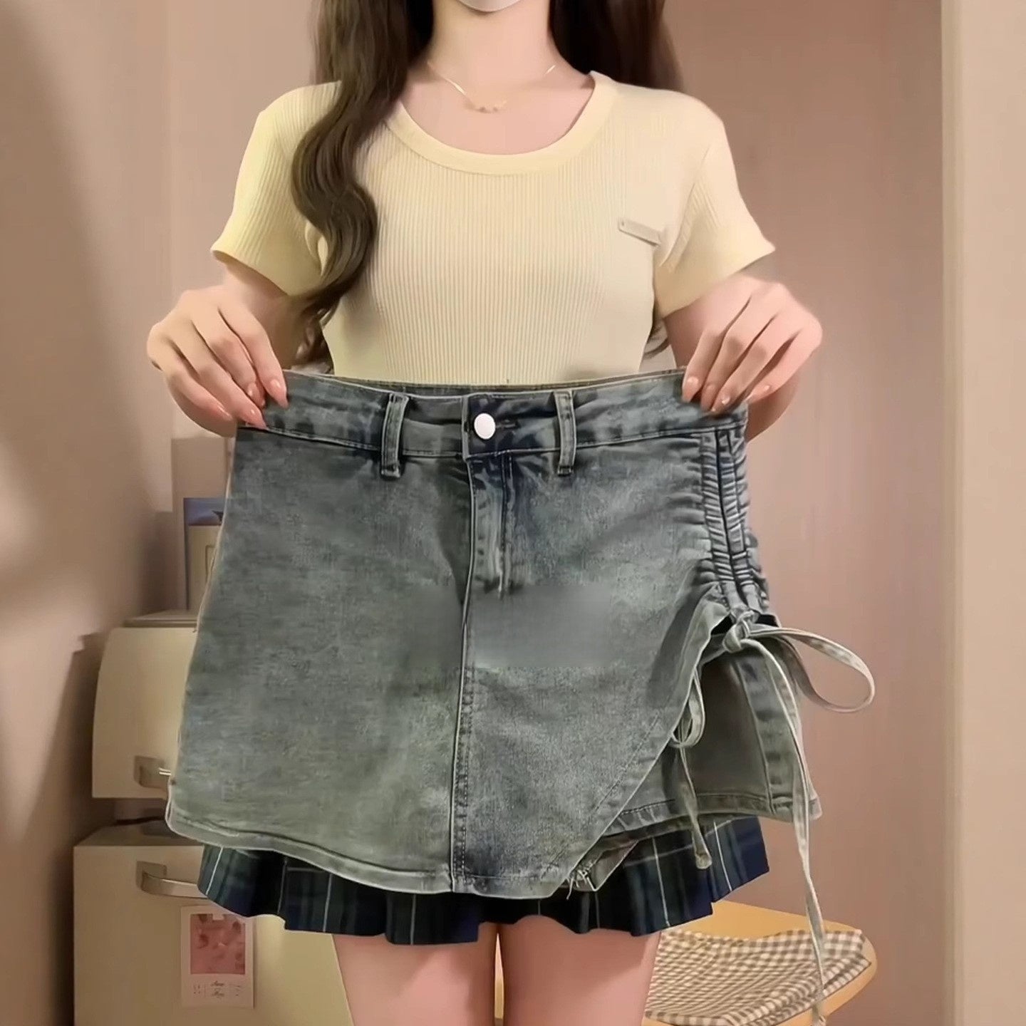 Casual Drawstring Top and Denim Skirt Pants Set